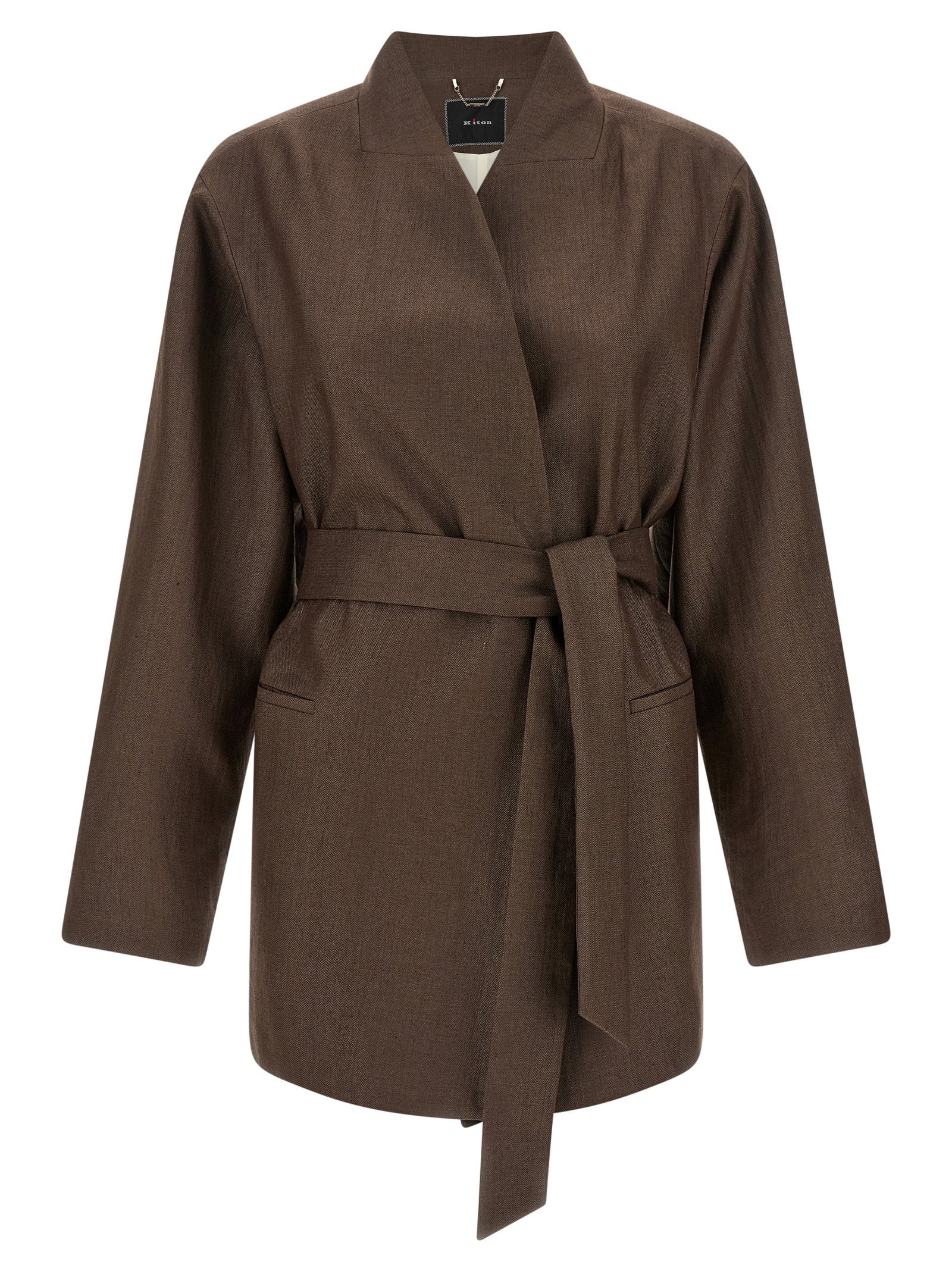 Kiton Linen Blend Wrap Blazer — Brown