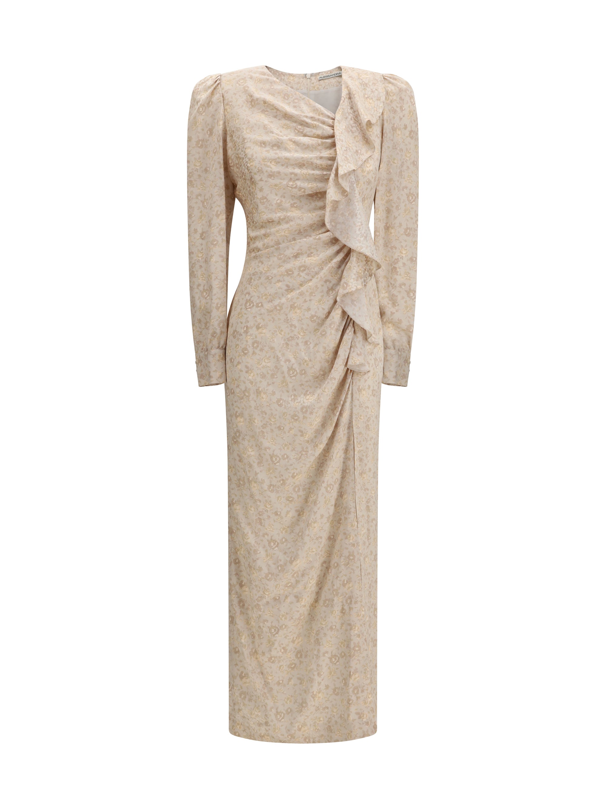 Alessandra Rich Jacquard Draped with Flounces Dress — Cream