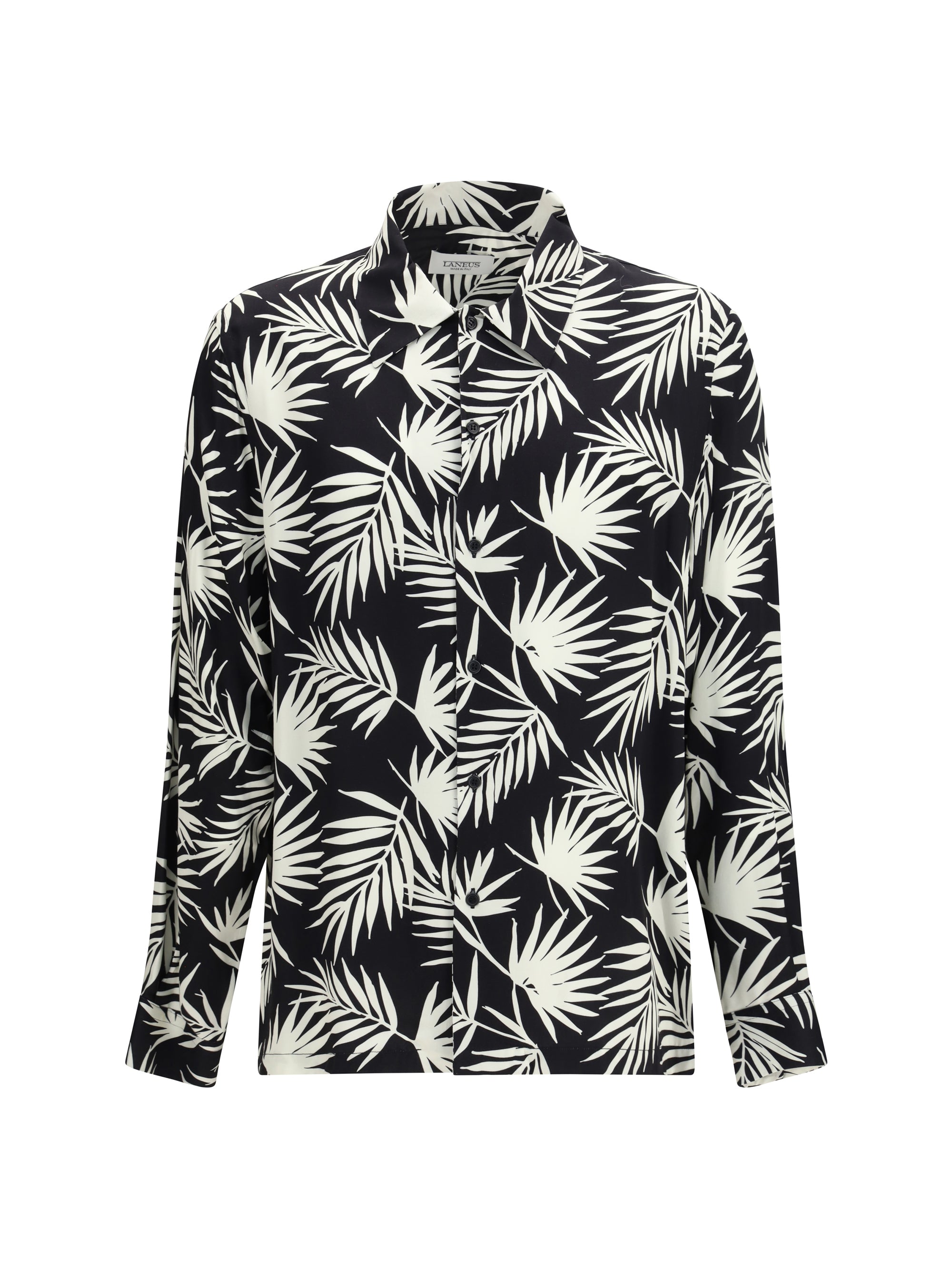 Laneus Tropical Palm-Print Viscose Bowling Shirt — Black