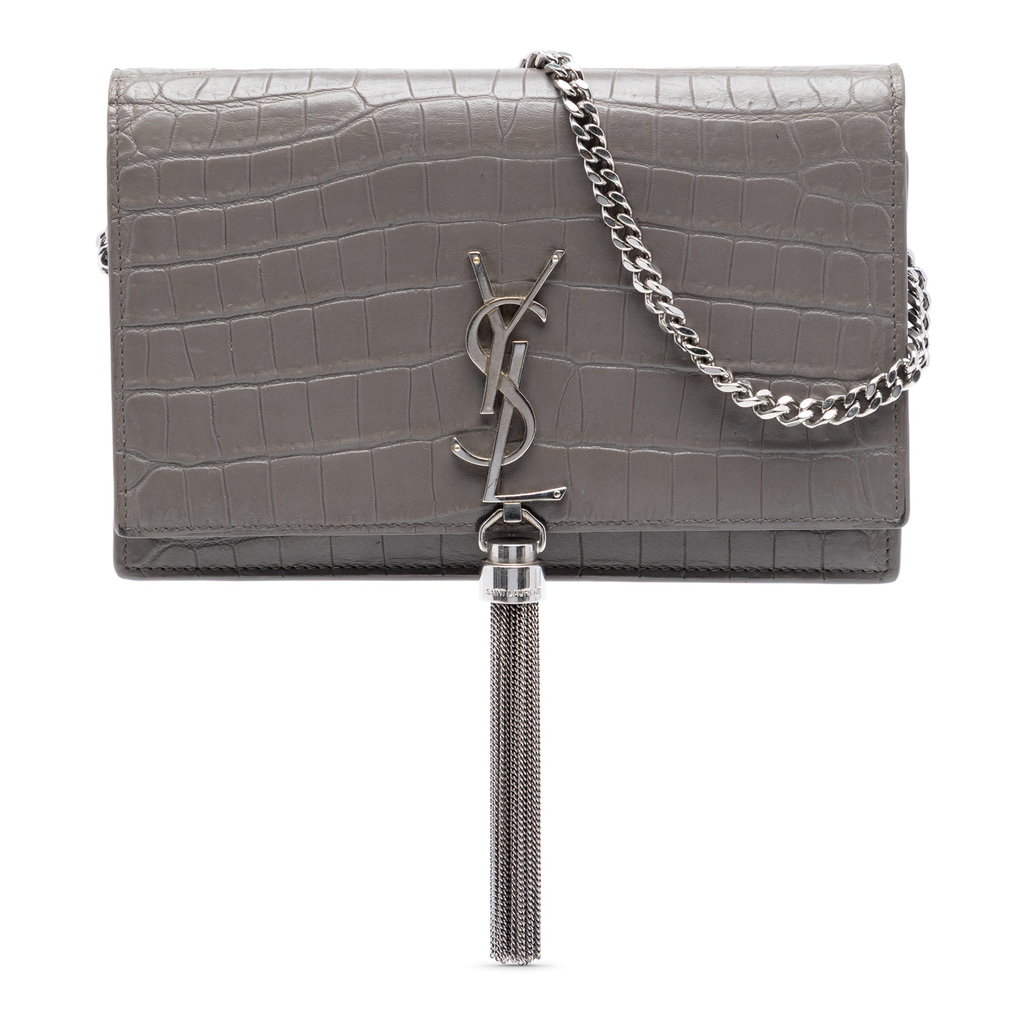 Croc Embossed Leather Monogram Kate Tassel Wallet on Chain
