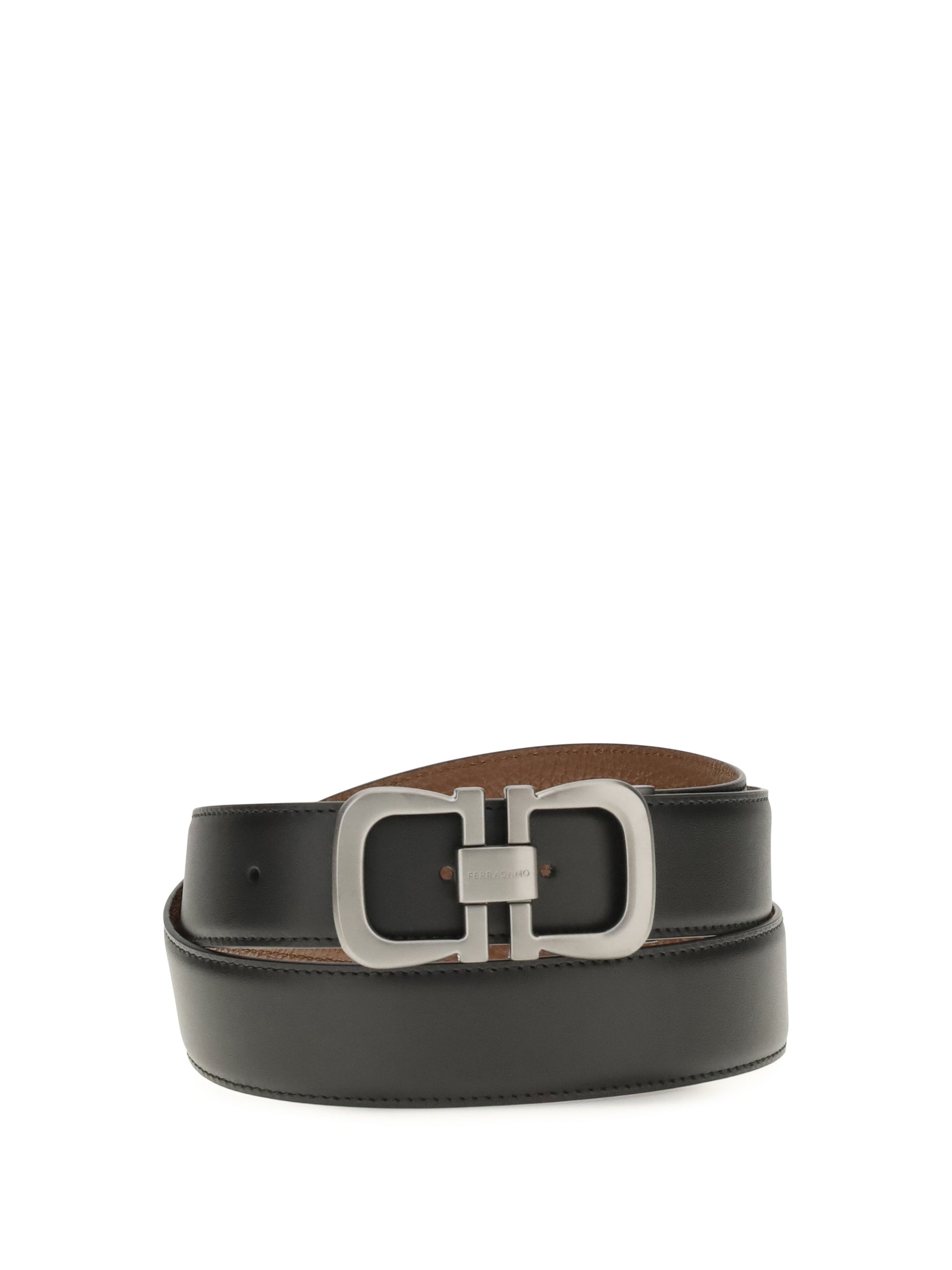 Ferragamo Reversible Leather with Logo Buckle Belt — Black