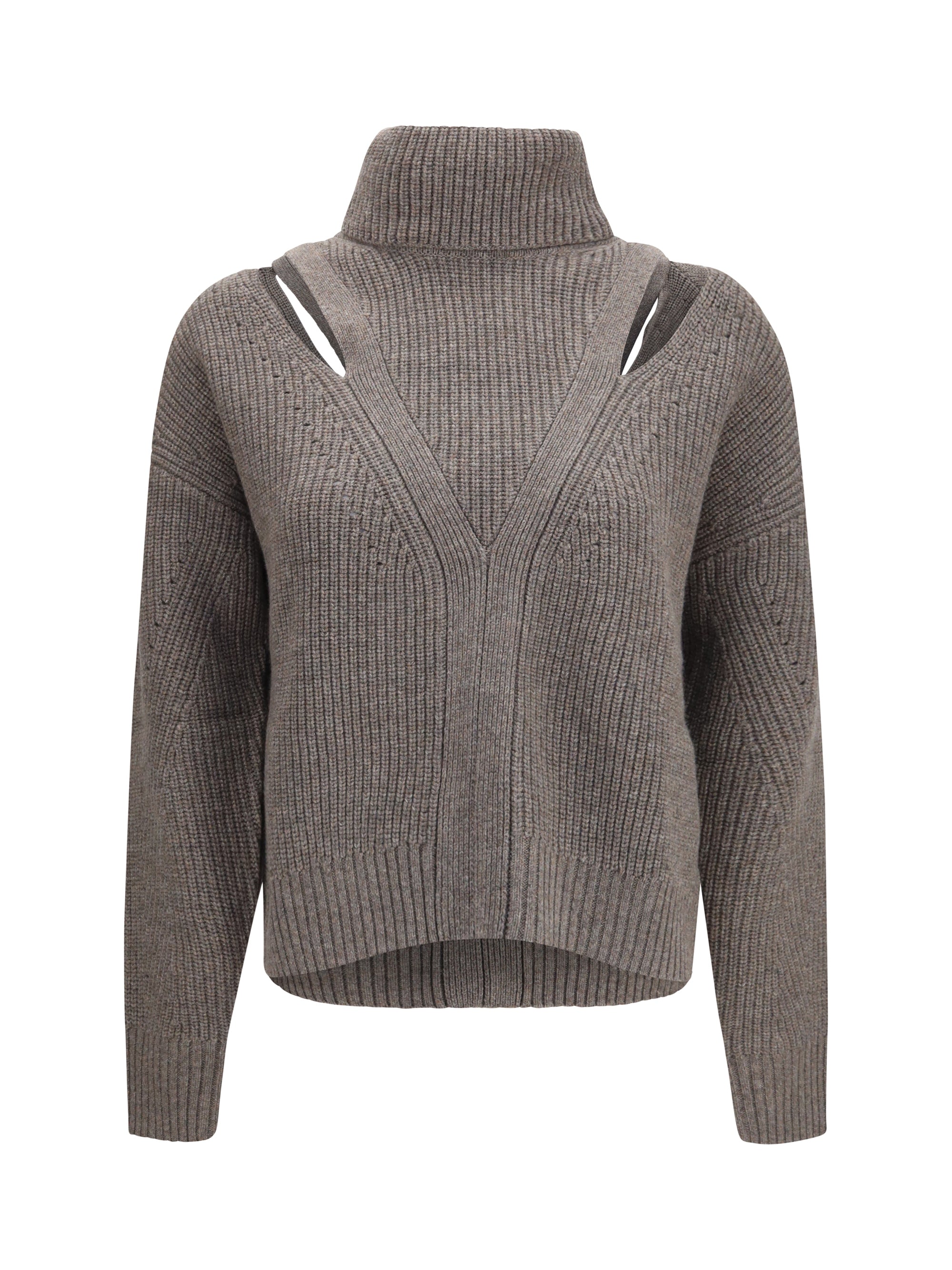 P.A.R.O.S.H. Perforated-Shoulder High-Neck Sweater — Gray
