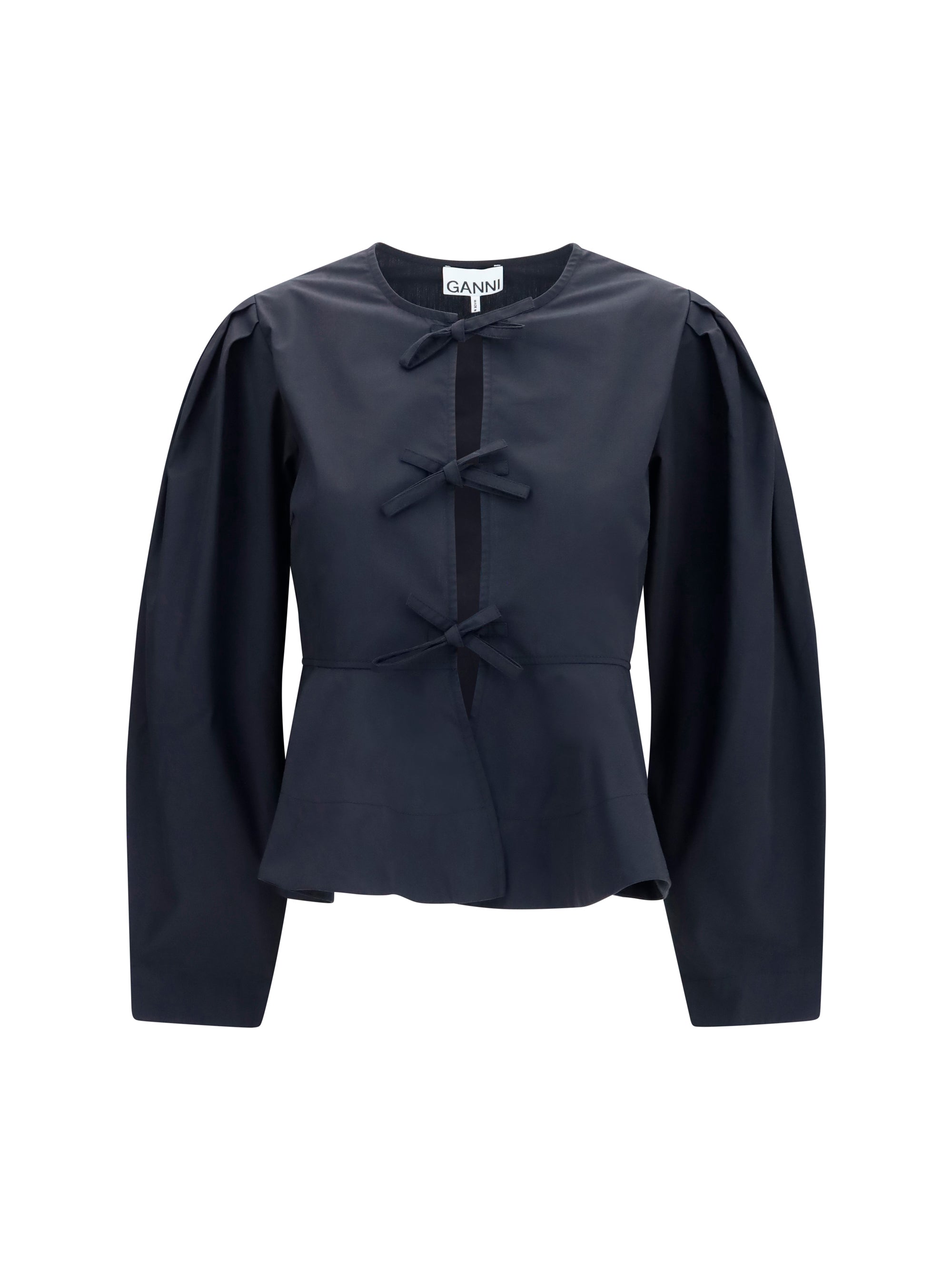 Ganni Cotton Poplin Tie-Front Blouse — Black