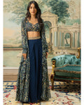 Navy Blue Printed Drama Jacket Set By KYNAH, Luxury Indian Fashion & Bridal Wear