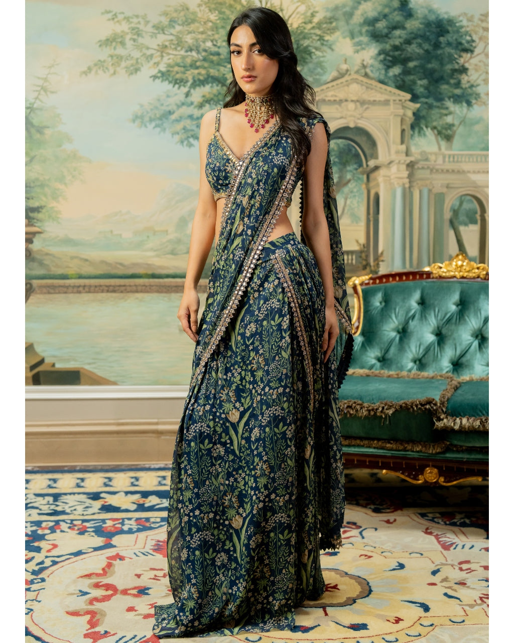 Navy Blue Printed Pre-Stitch Sari Set By KYNAH, Luxury Indian Fashion & Bridal Wear