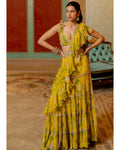 Lime Yellow Floral Printed Chiffon Sari Set By KYNAH, Luxury Indian Fashion & Bridal Wear