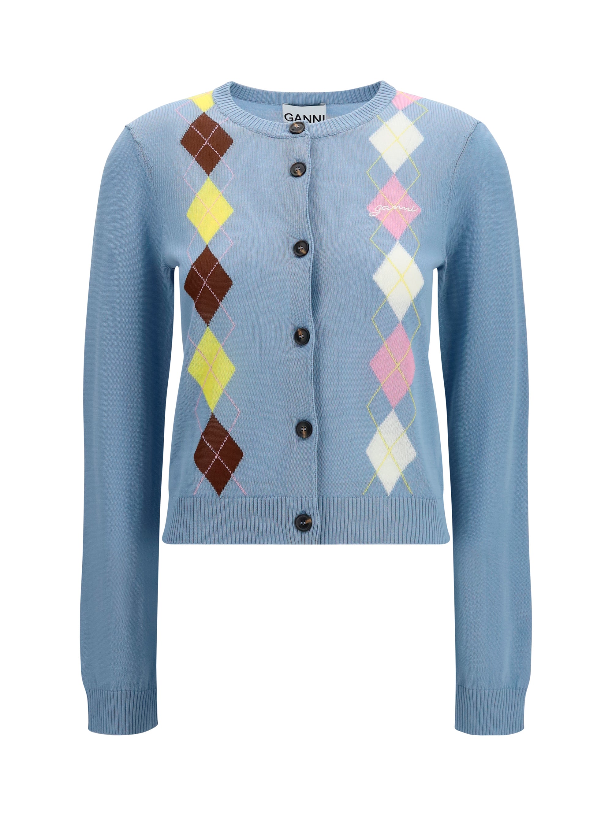 Ganni Diamond-Pattern Cardigan — Blue