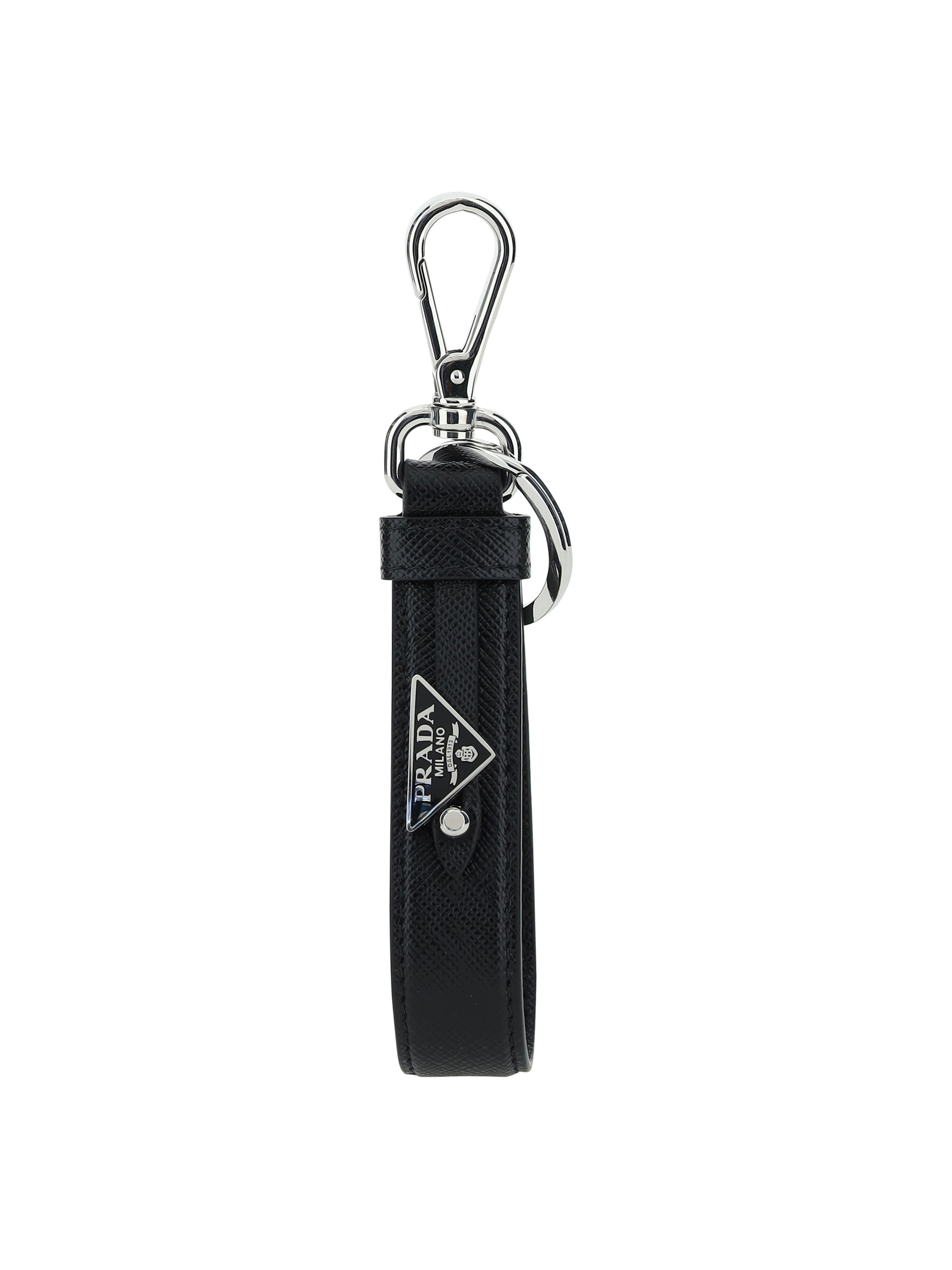 Prada Leather with Logo Plaque Key Case — Black