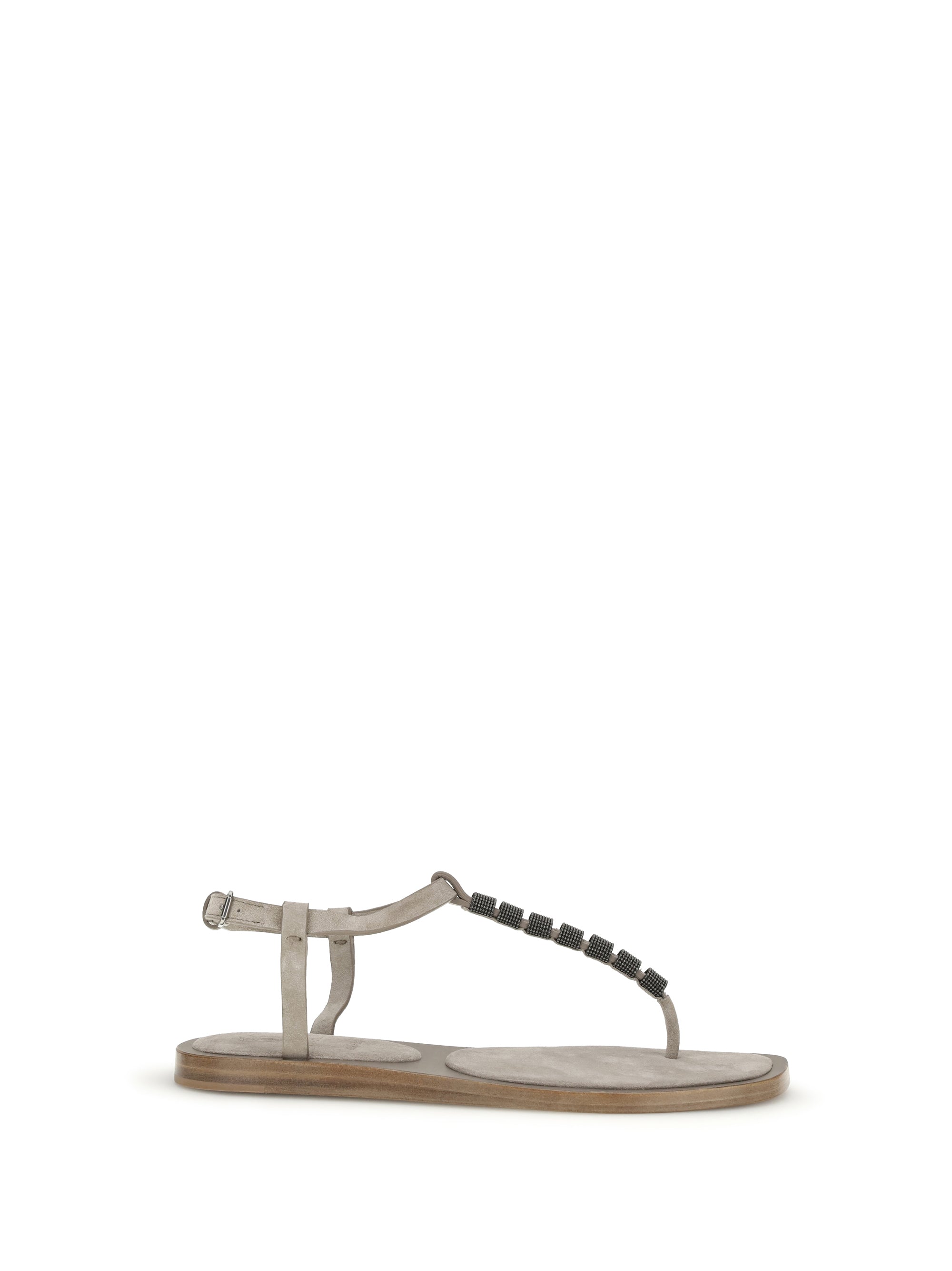 Brunello Cucinelli Beaded T-Strap Sandal — Beige