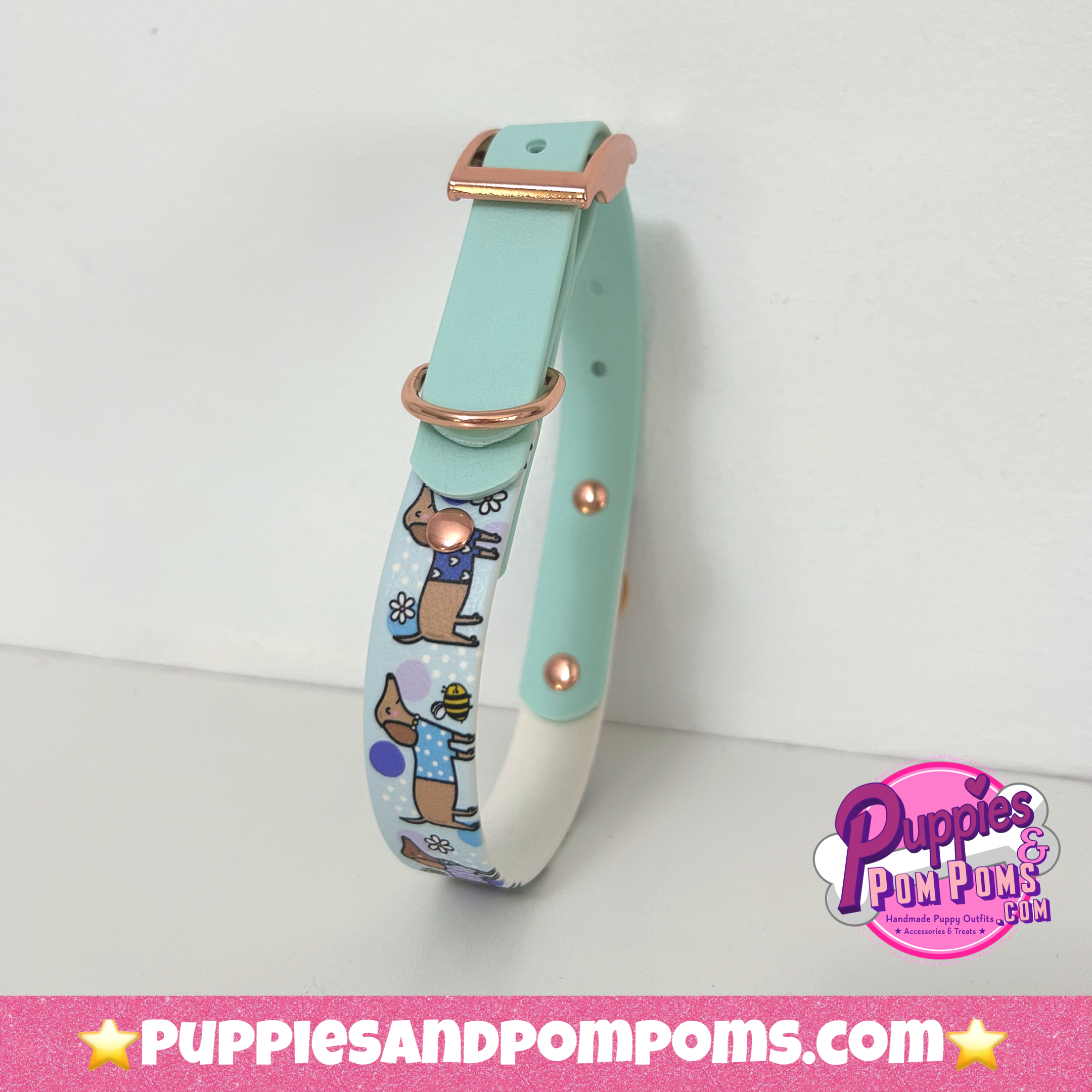 Bee Happy Dachshunds - Handmade Biothane Dog Collar - Baby Blue