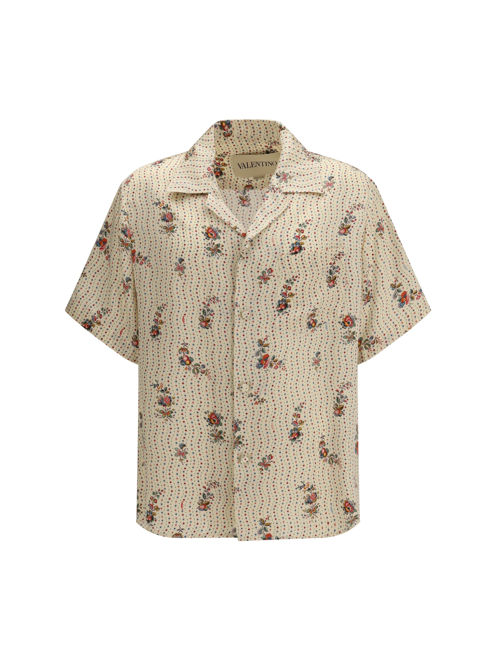Valentino Papier Floral Print Silk Bowling Shirt — Beige