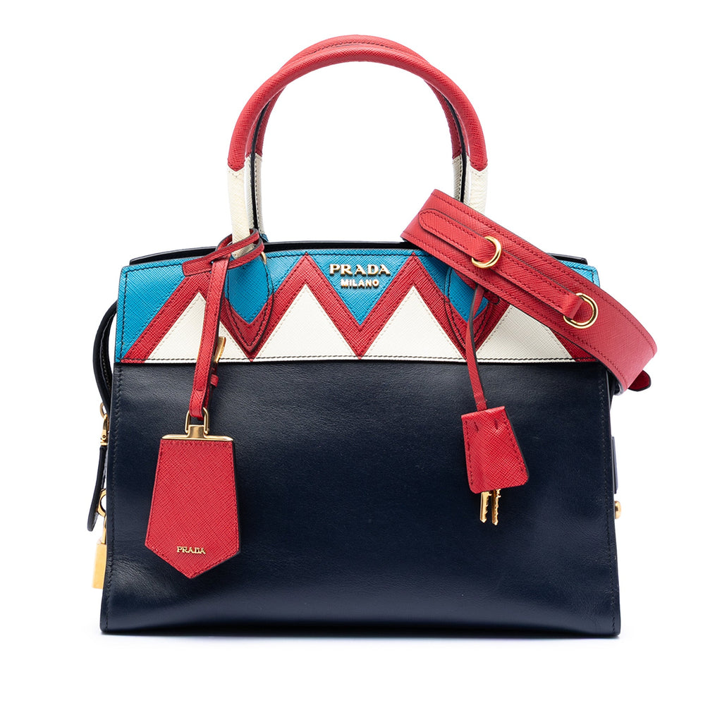 Medium Saffiano Trimmed City Calf Greca Esplanade Satchel