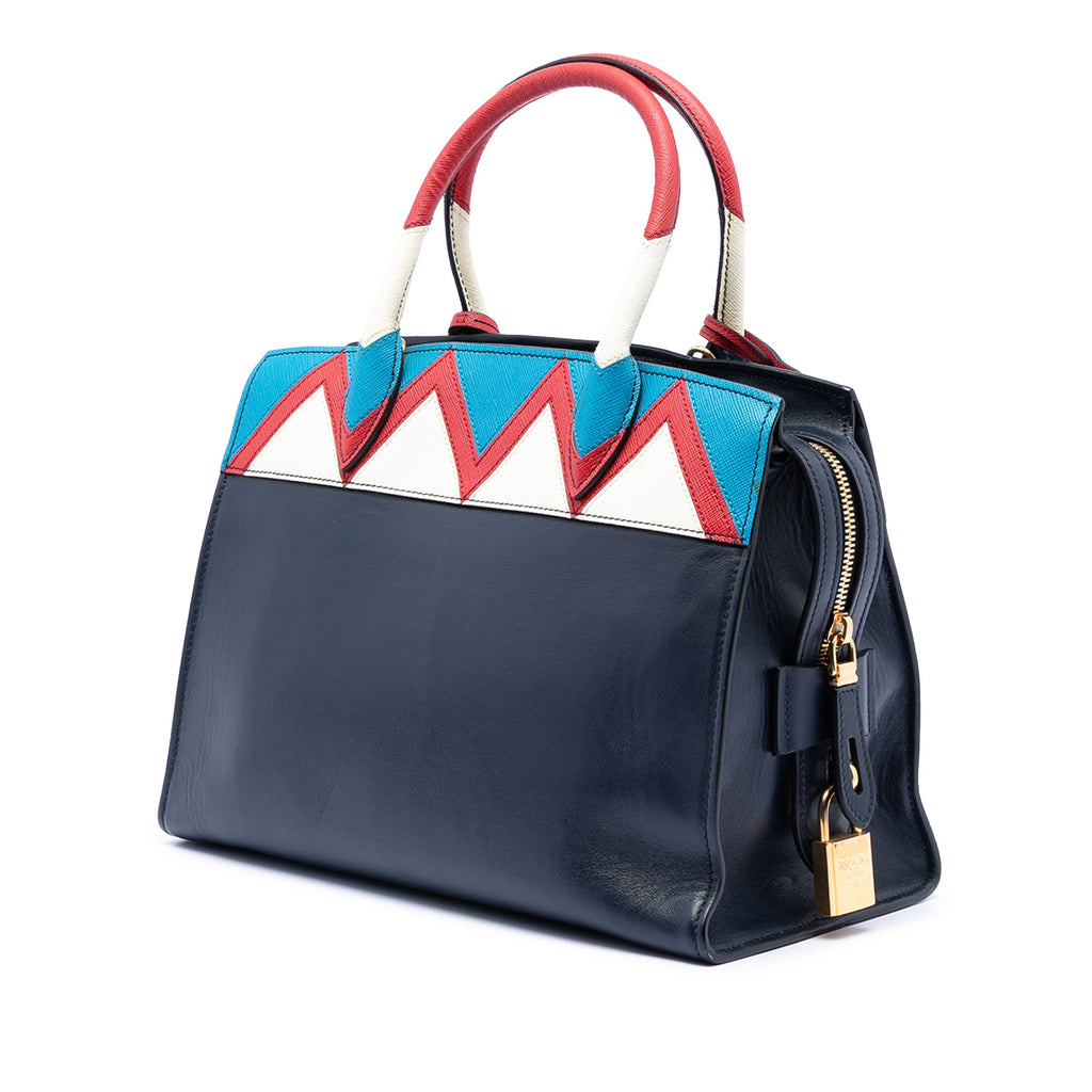 Medium Saffiano Trimmed City Calf Greca Esplanade Satchel