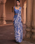 Blue Thikri Print and Highlighted Sari Set By KYNAH, Luxury Indian Fashion & Bridal Wear