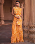 Mustard Thikri Print and Highlighted Pant Sari Set By KYNAH, Luxury Indian Fashion & Bridal Wear