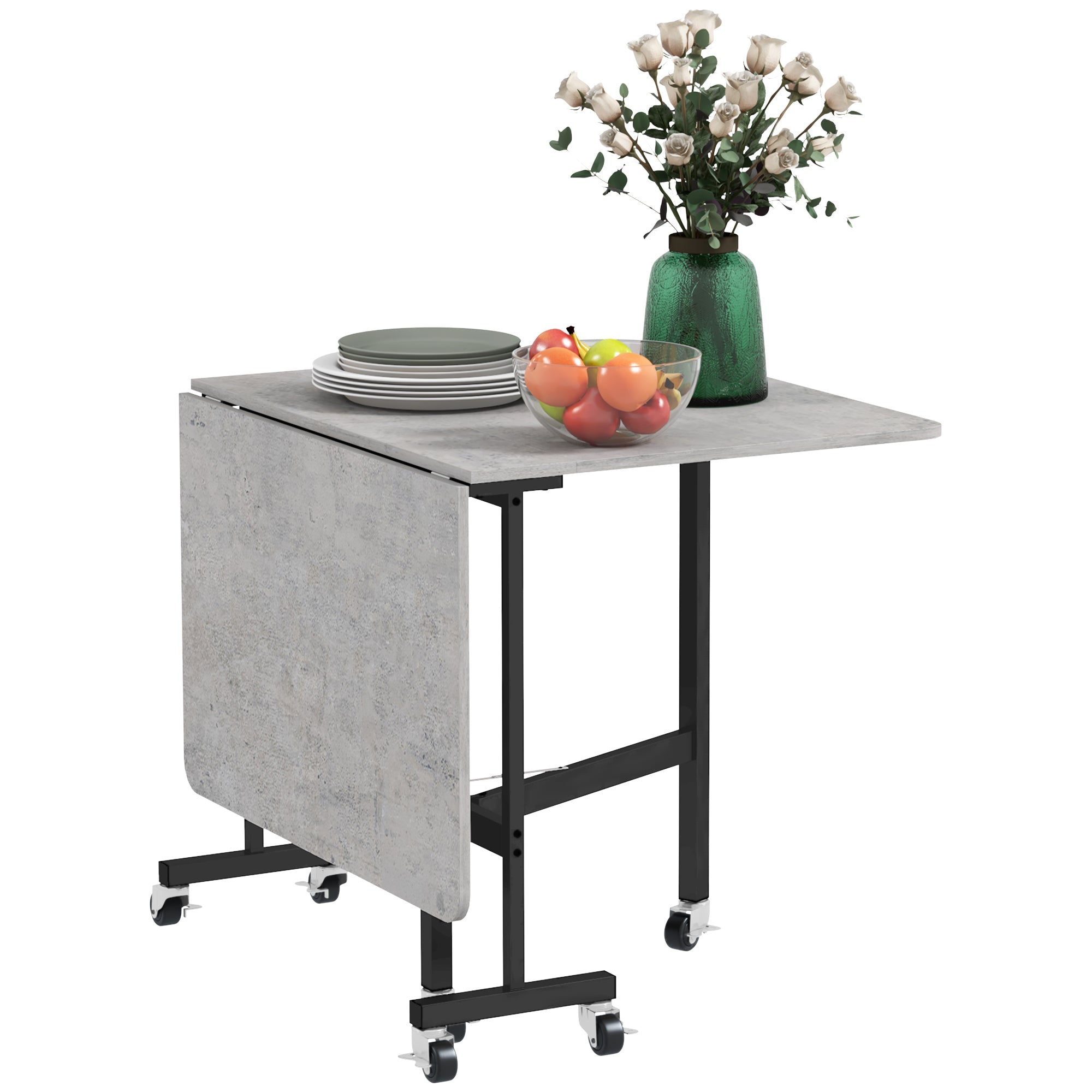 Mobile Drop Leaf Table with Brakes, Folding Dining Table for Small Spaces, Grey Marble Effect