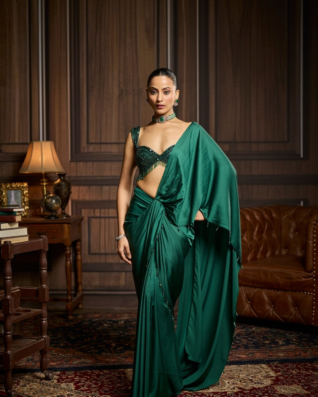 Edith Emerald Green Embellished Blouse And Pre-Draped Dhoti Sari Set By KYNAH, Luxury Indian Fashion & Bridal Wear