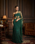 Kliene Emerald Green Embellished Blouse And Pre-Draped Sari Set By KYNAH, Luxury Indian Fashion & Bridal Wear