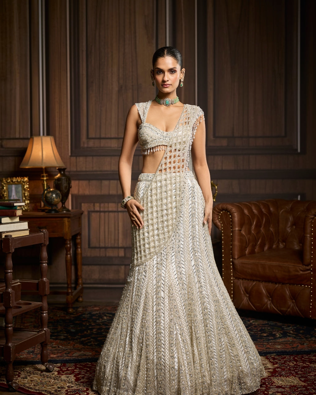 Mishka Silver Embellished Mermaid Skirt Sari Set By KYNAH, Luxury Indian Fashion & Bridal Wear