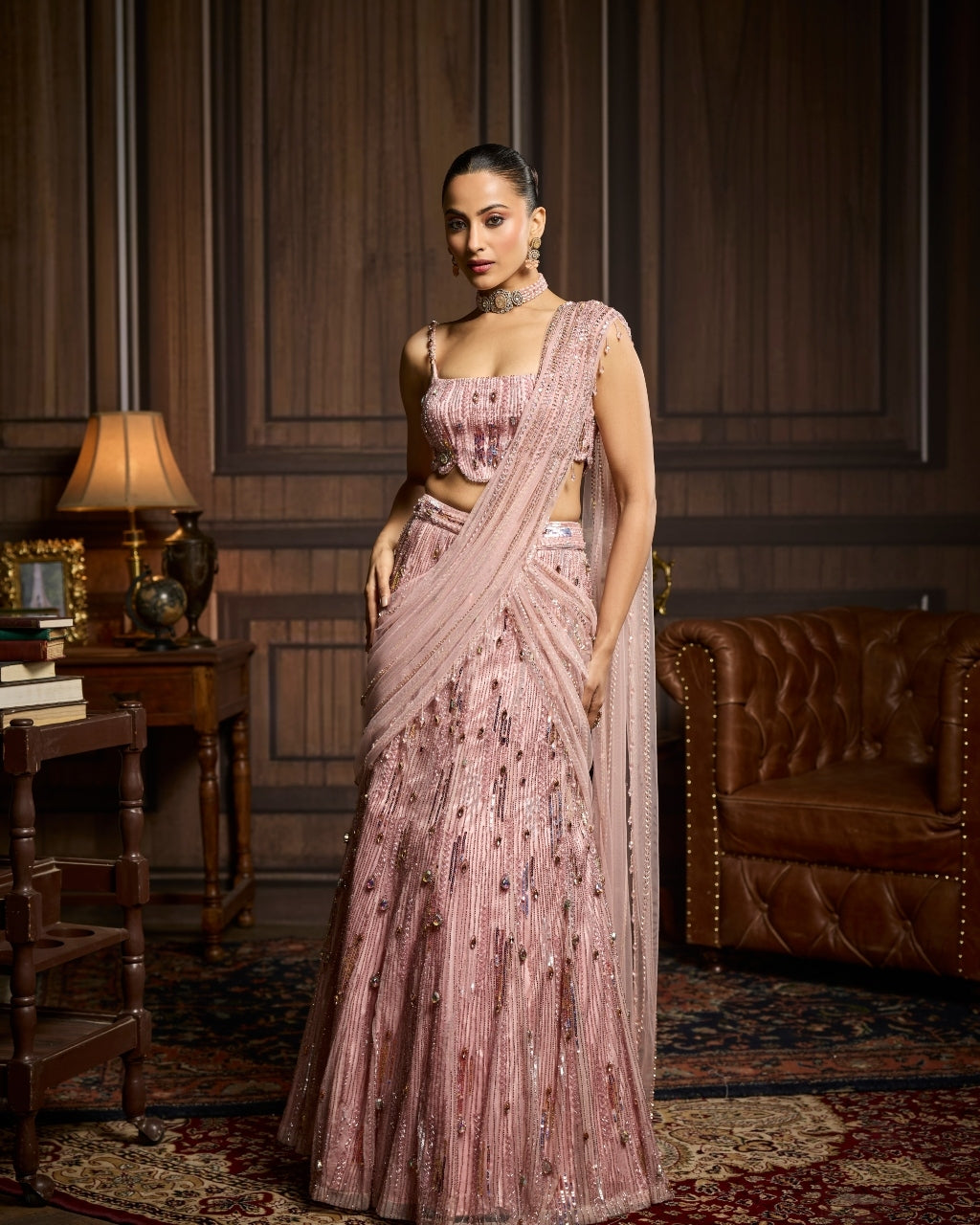 Olive Blush Pink Embellished Pre-Draped Skirt Sari Set By KYNAH, Luxury Indian Fashion & Bridal Wear