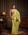 Vaidehi Pear Green Embroidered Blouse And Pre Draped Sari Set By KYNAH, Luxury Indian Fashion & Bridal Wear