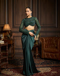 Jeannette Emerald Green Embroidered Blouse And Draped Skirt Set By KYNAH, Luxury Indian Fashion & Bridal Wear