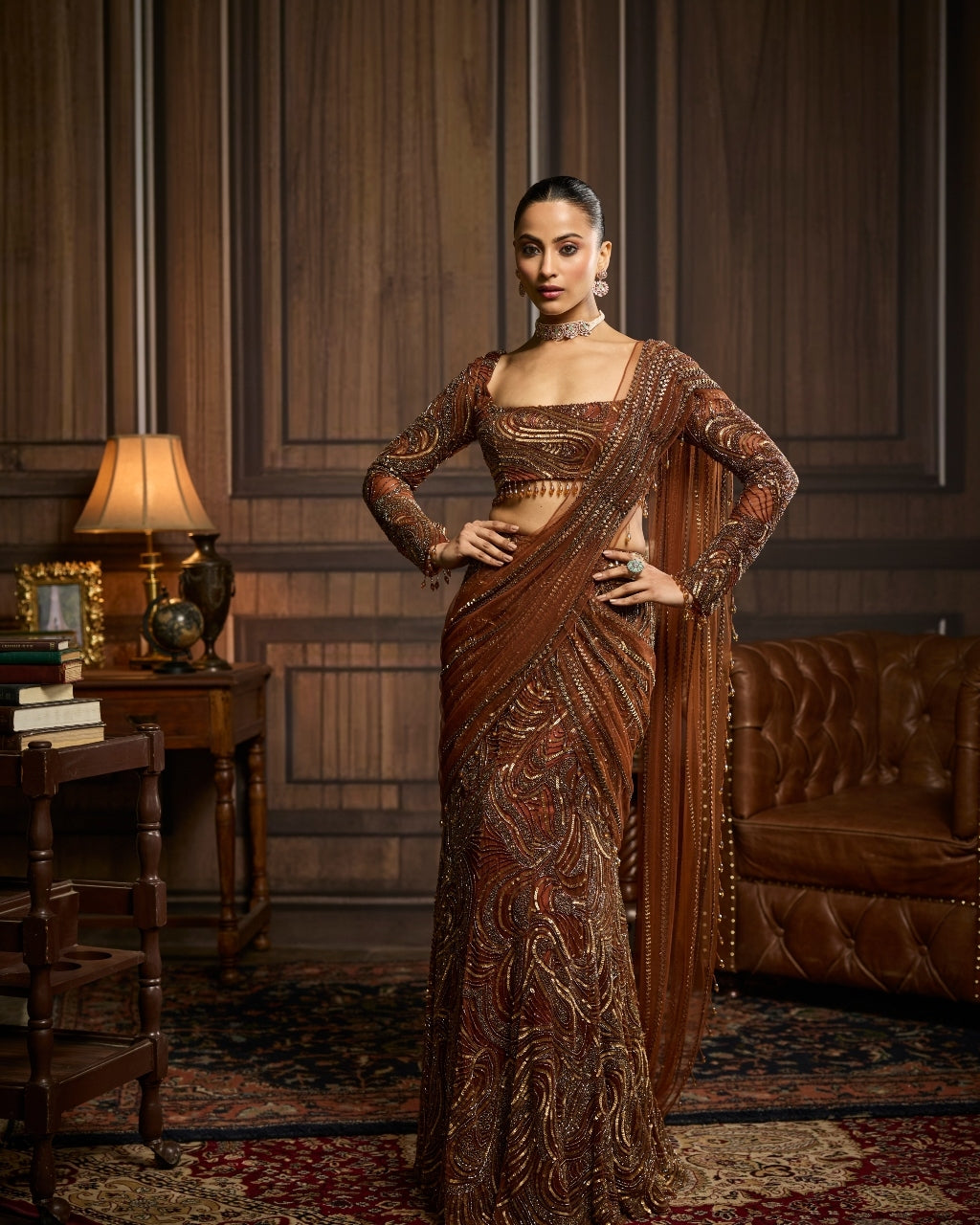 Krisha Metallic Gold Embellished Skirt Sari Set By KYNAH, Luxury Indian Fashion & Bridal Wear