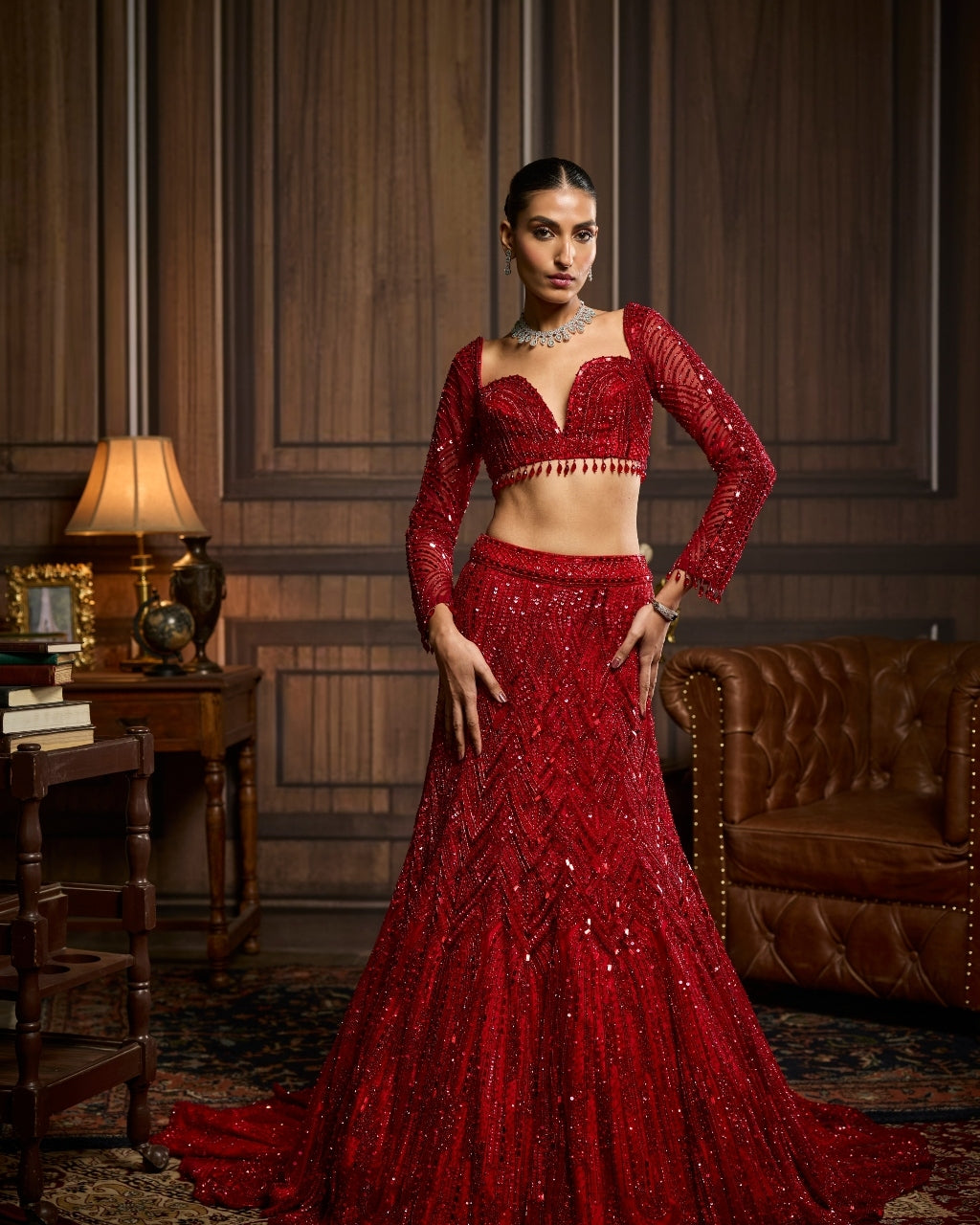 Mrinal Vermellion Red Embroidered Mermaid Skirt Sari Set By KYNAH, Luxury Indian Fashion & Bridal Wear