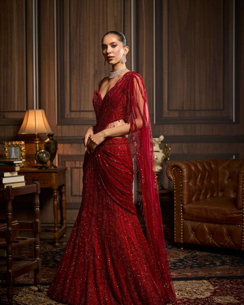Nida Vermellion Red Embellished Pre-Draped Skirt Sari Set By KYNAH, Luxury Indian Fashion & Bridal Wear