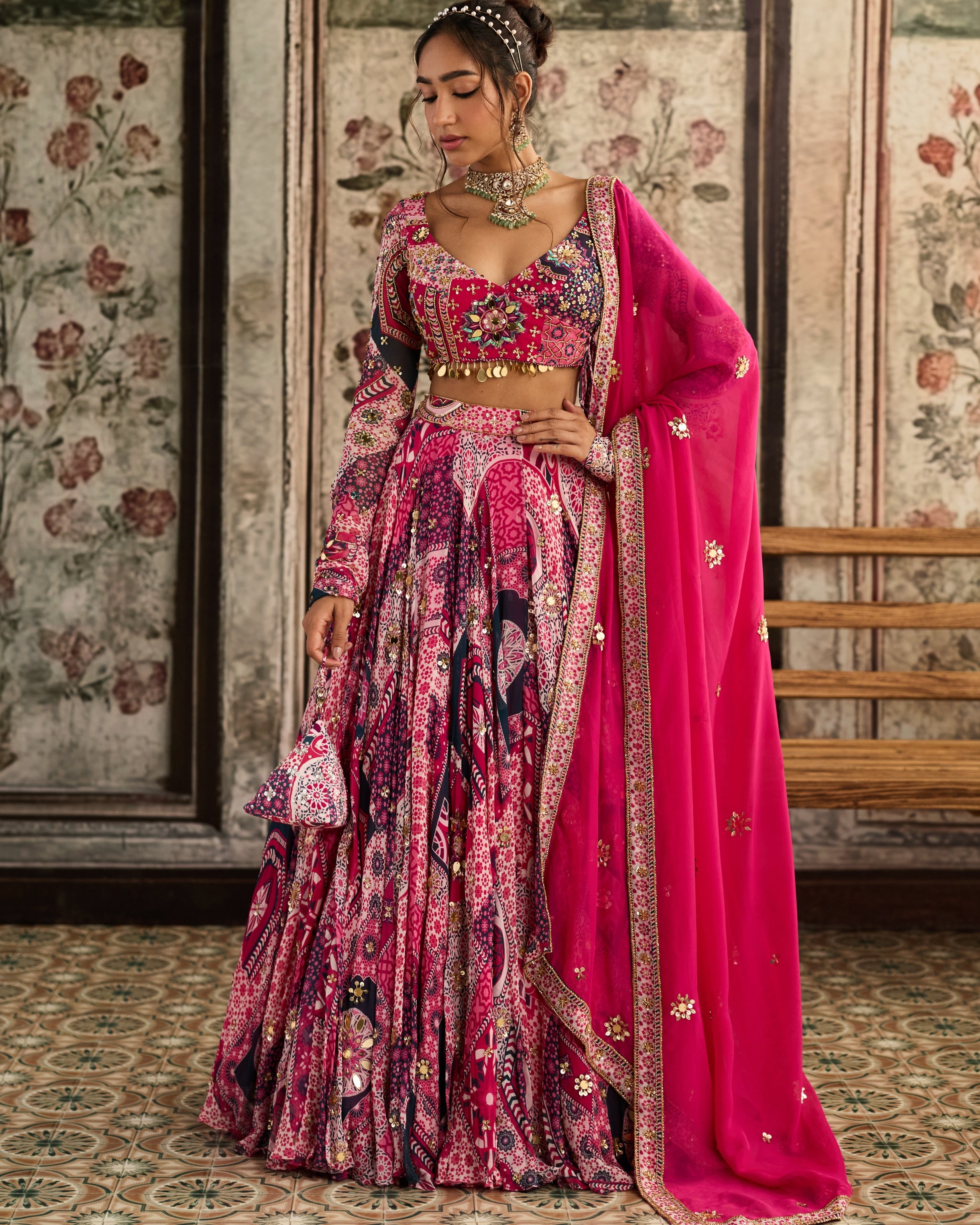 Fuchsia Print And Angrakha Blouse Lehenga Set By KYNAH, Luxury Indian Fashion & Bridal Wear