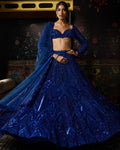 Electric Blue 3D Arc Embellished Lehenga Set By KYNAH, Luxury Indian Fashion & Bridal Wear