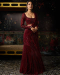 Maroon Embellished Mermaid Skirt Sari Set By KYNAH, Luxury Indian Fashion & Bridal Wear