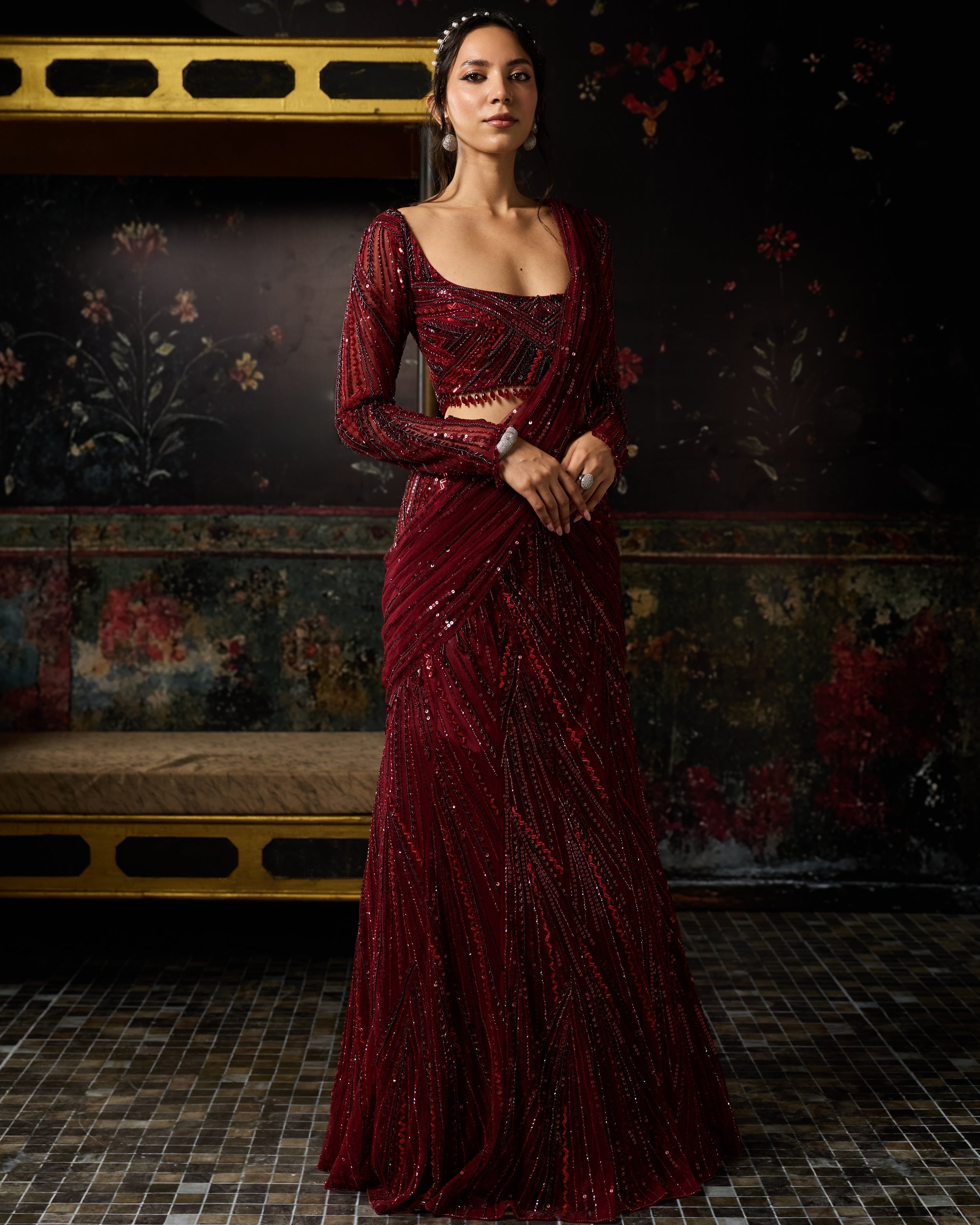 Maroon Embellished Mermaid Skirt Sari Set By KYNAH, Luxury Indian Fashion & Bridal Wear