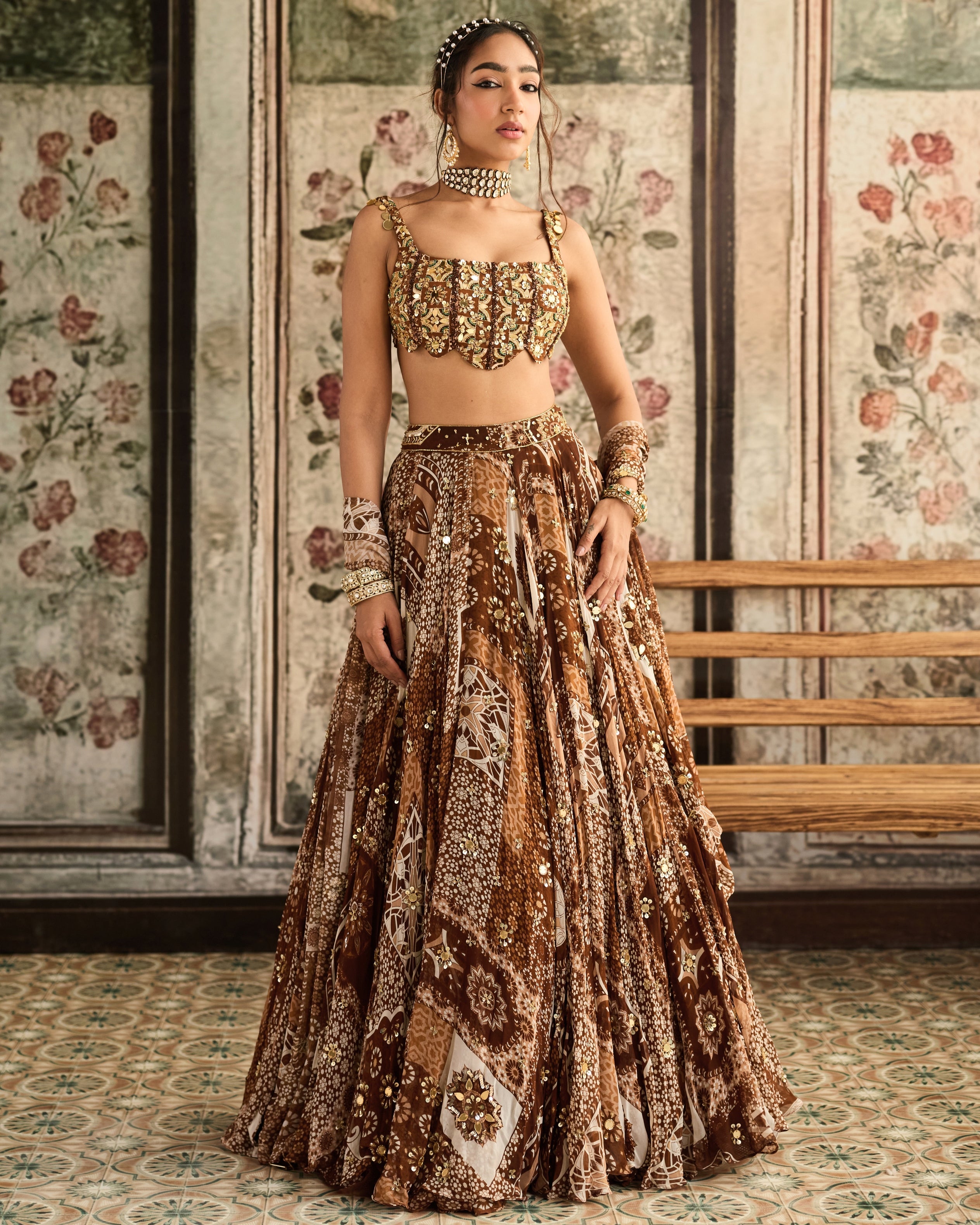 Caramel Print And Scallop Blouse Lehenga Set By KYNAH, Luxury Indian Fashion & Bridal Wear