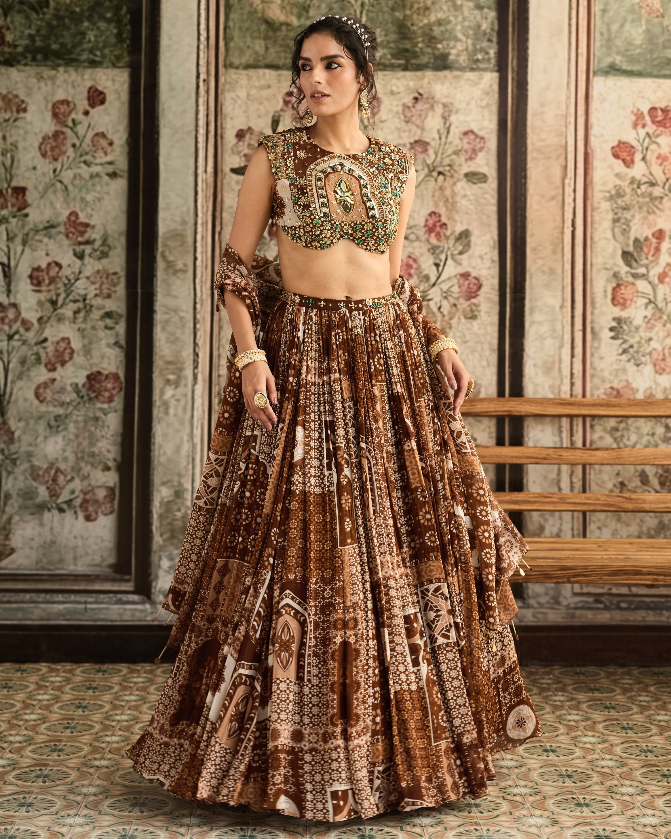 Caramel Print And Highlighted Blouse And Lehenga Set By KYNAH, Luxury Indian Fashion & Bridal Wear