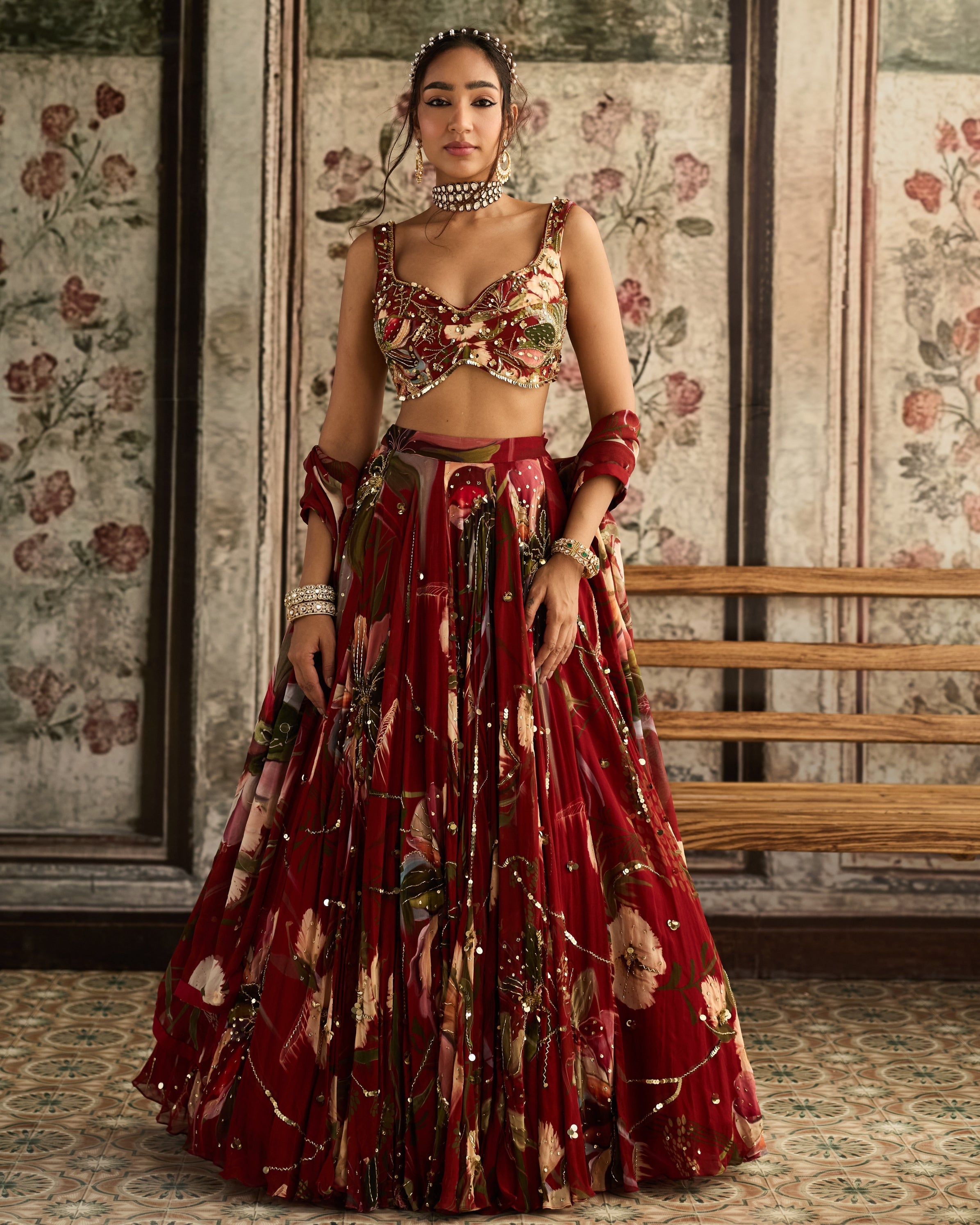 Red Floral Print And Highlighted Lehenga Set By KYNAH, Luxury Indian Fashion & Bridal Wear
