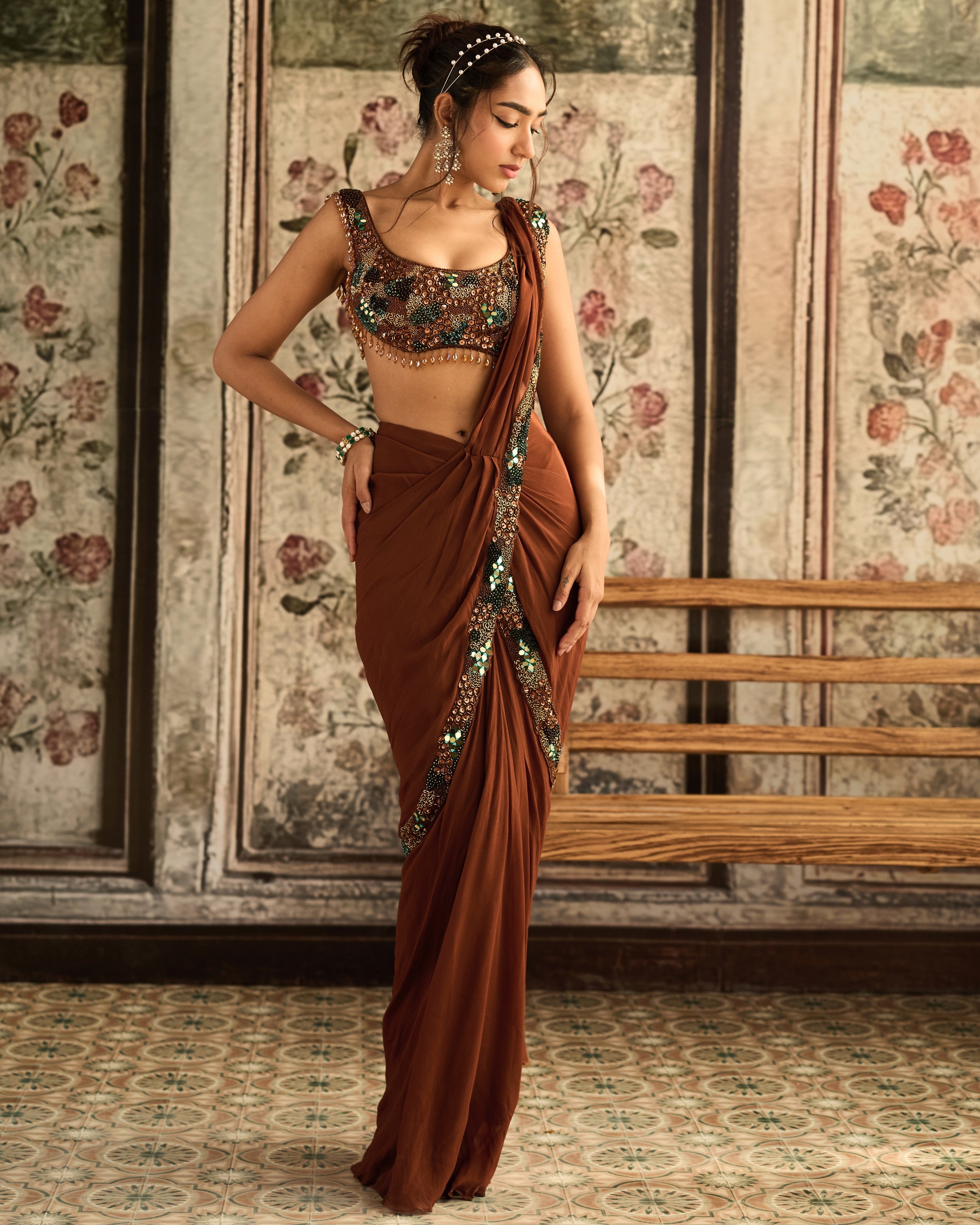Caramel Embroidered Pre-Draped Sari Set By KYNAH, Luxury Indian Fashion & Bridal Wear