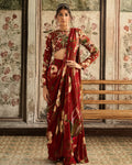 Red Floral Printed Skirt Sari Set By KYNAH, Luxury Indian Fashion & Bridal Wear