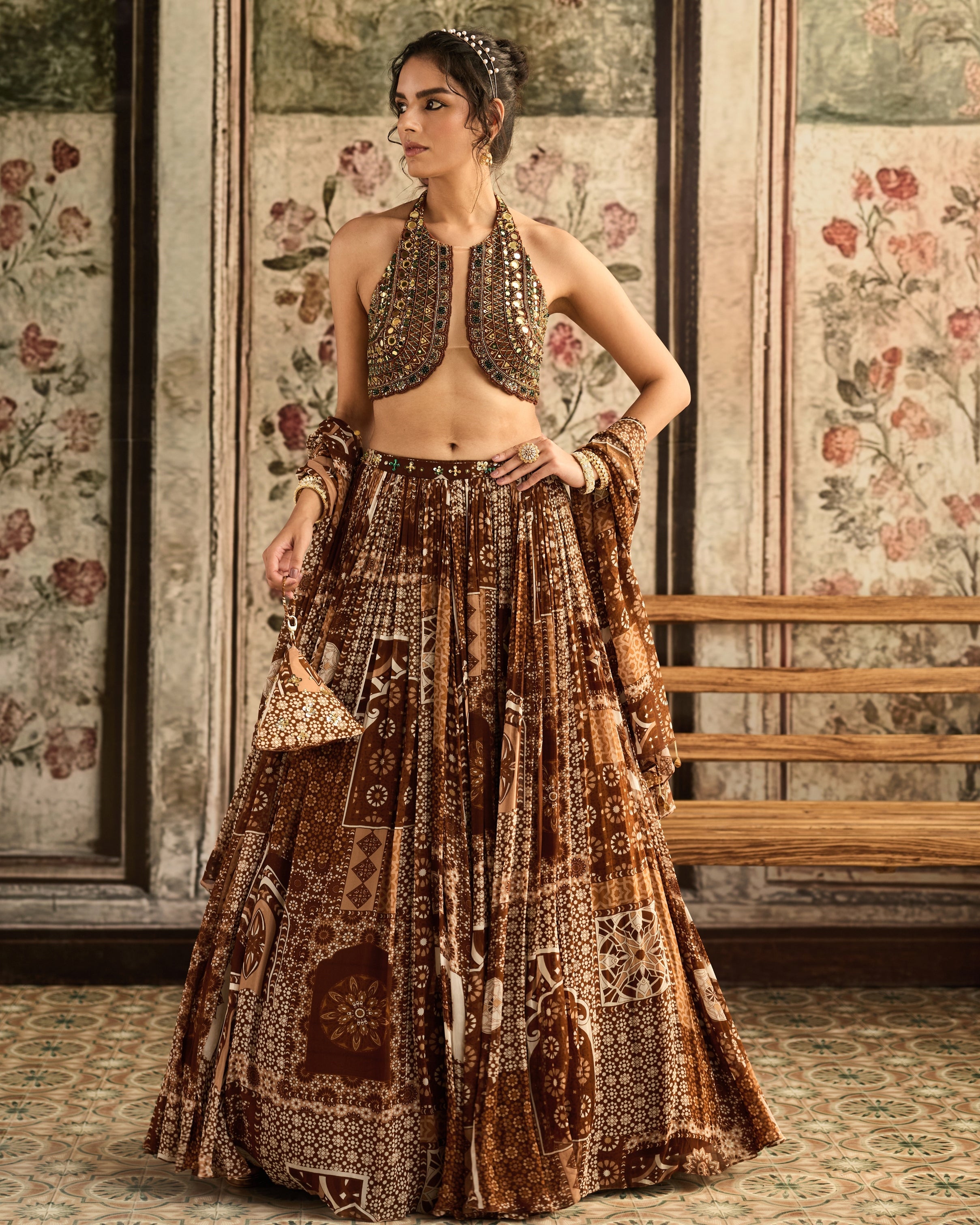 Caramel Halter Blouse With Printed Lehenga Set By KYNAH, Luxury Indian Fashion & Bridal Wear