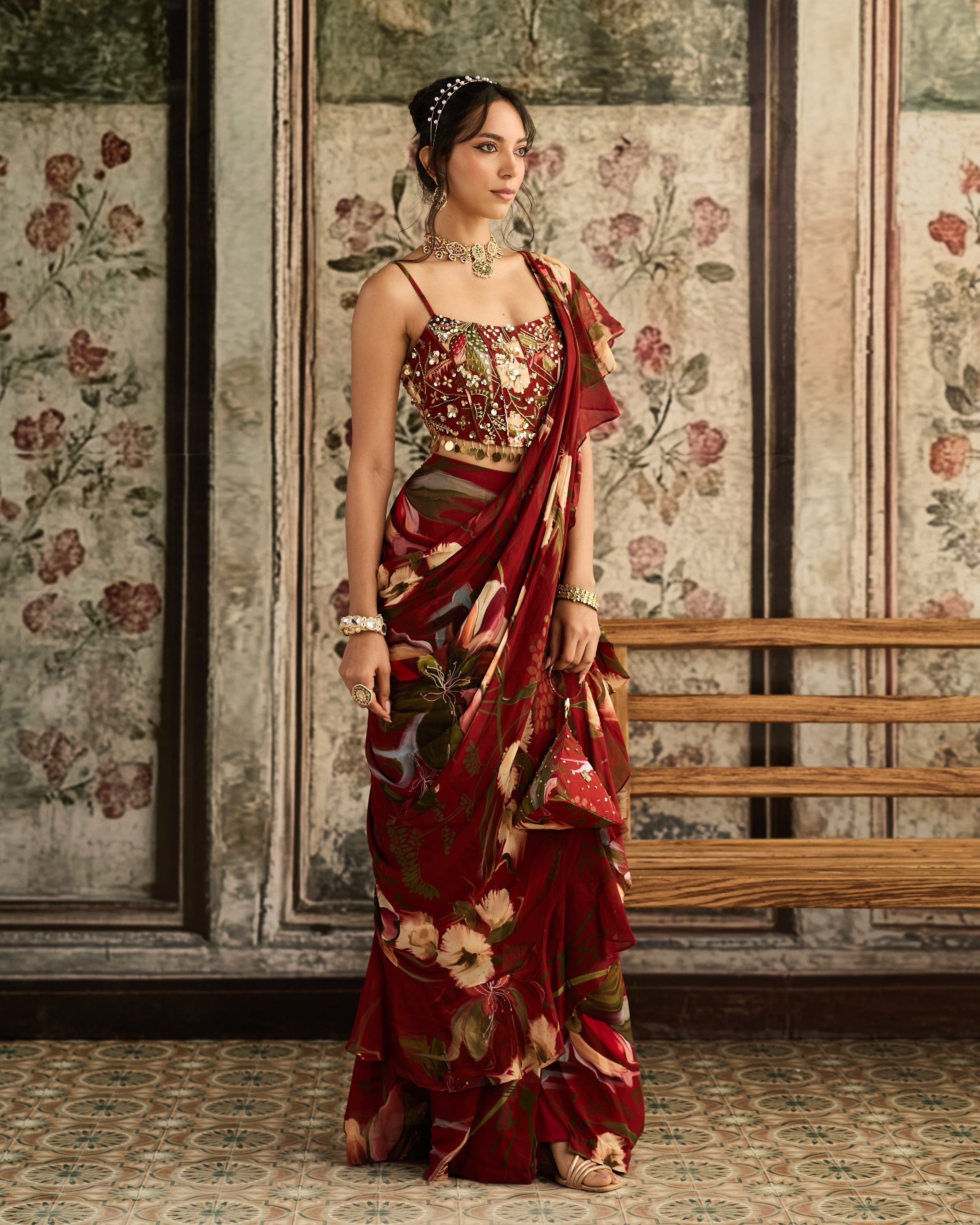 Red Floral Printed Pleated Skirt Sari Set By KYNAH, Luxury Indian Fashion & Bridal Wear