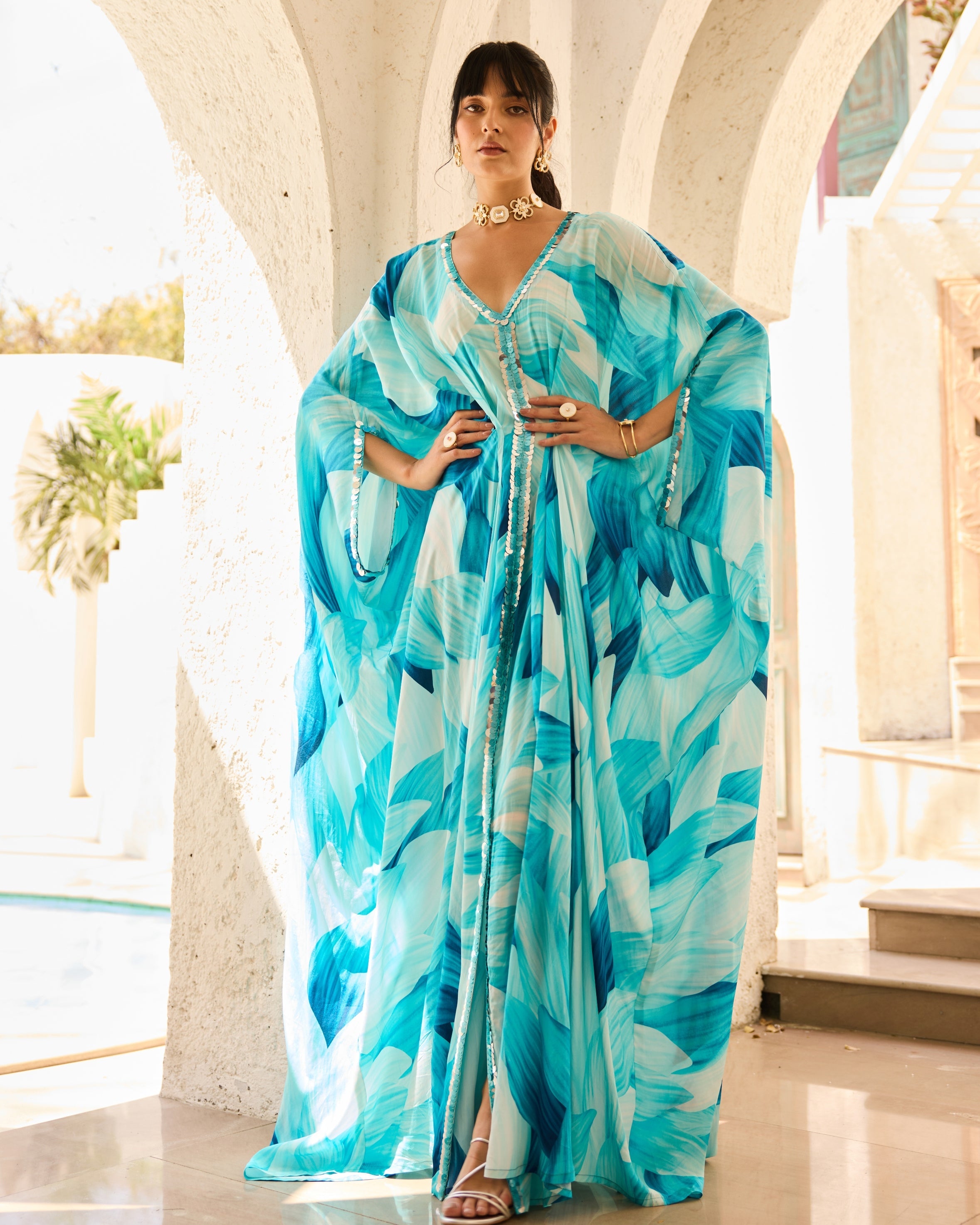 Breezy Blue Petal Printed Kaftan By KYNAH, Luxury Indian Fashion & Bridal Wear