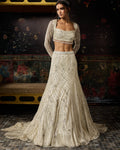 Silver Fully Embellished Long Trail Lehenga Set By KYNAH, Luxury Indian Fashion & Bridal Wear