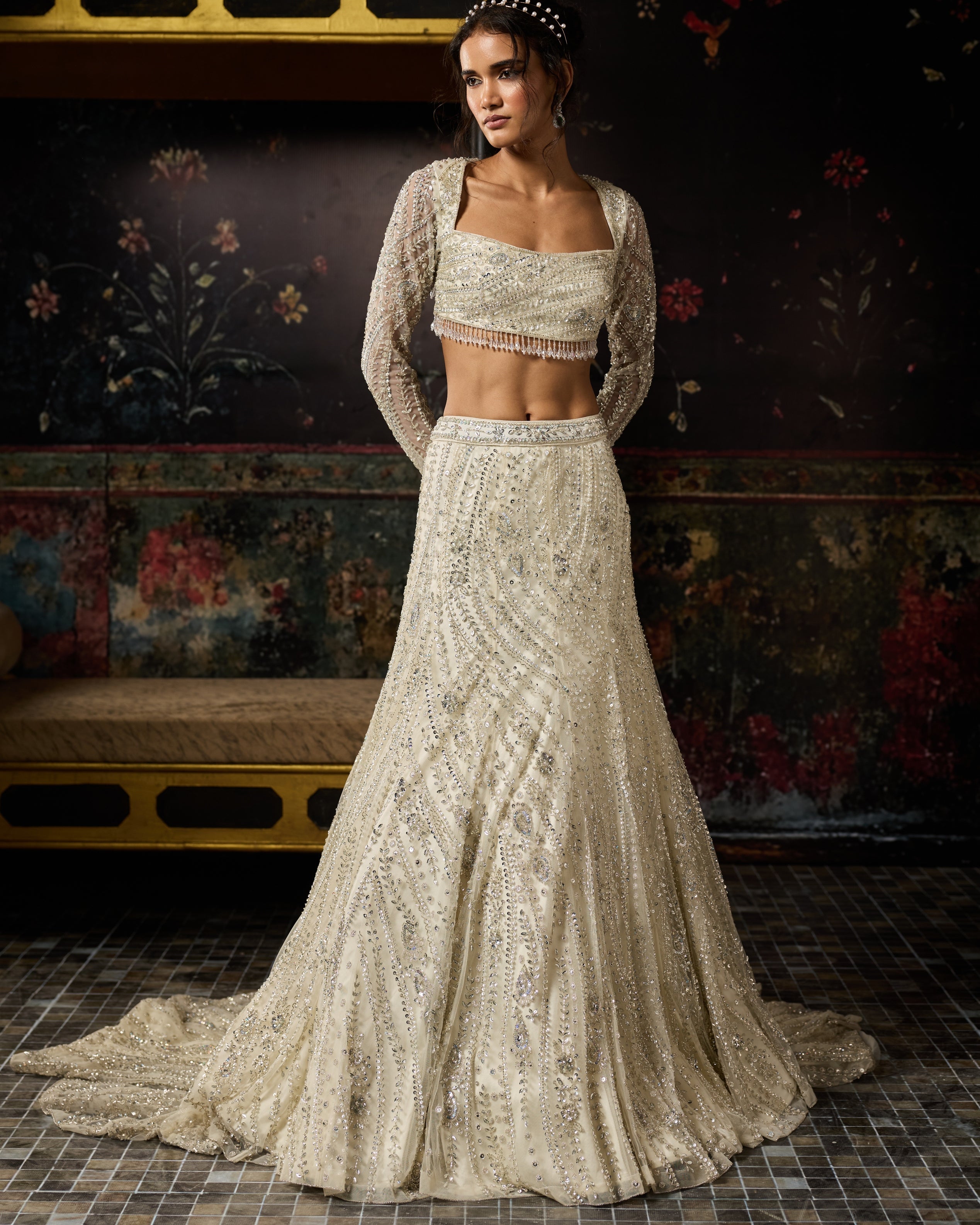 Silver Fully Embellished Long Trail Lehenga Set By KYNAH, Luxury Indian Fashion & Bridal Wear