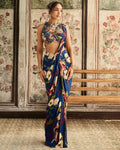 Blue Floral Printed Skirt Sari Set By KYNAH, Luxury Indian Fashion & Bridal Wear