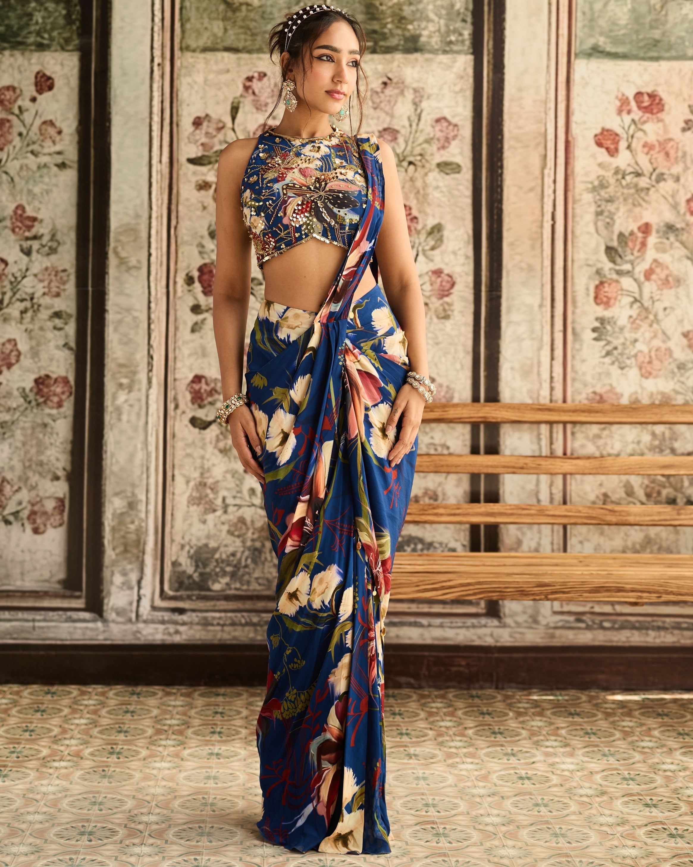 Blue Floral Printed Skirt Sari Set By KYNAH, Luxury Indian Fashion & Bridal Wear
