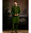 Olive Green Placket Embroidered Kurta Set By KYNAH, Luxury Indian Fashion & Bridal Wear