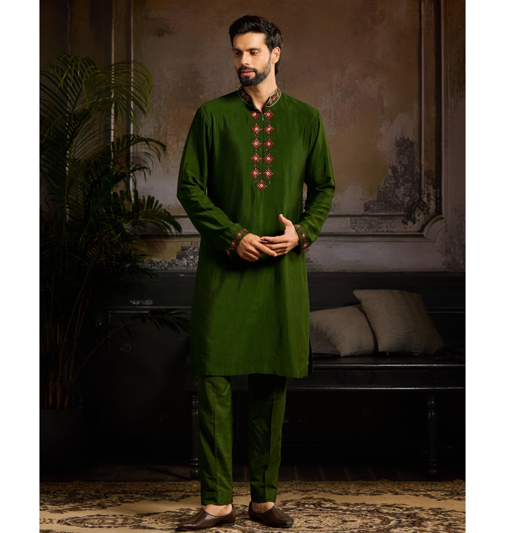 Olive Green Placket Embroidered Kurta Set By KYNAH, Luxury Indian Fashion & Bridal Wear