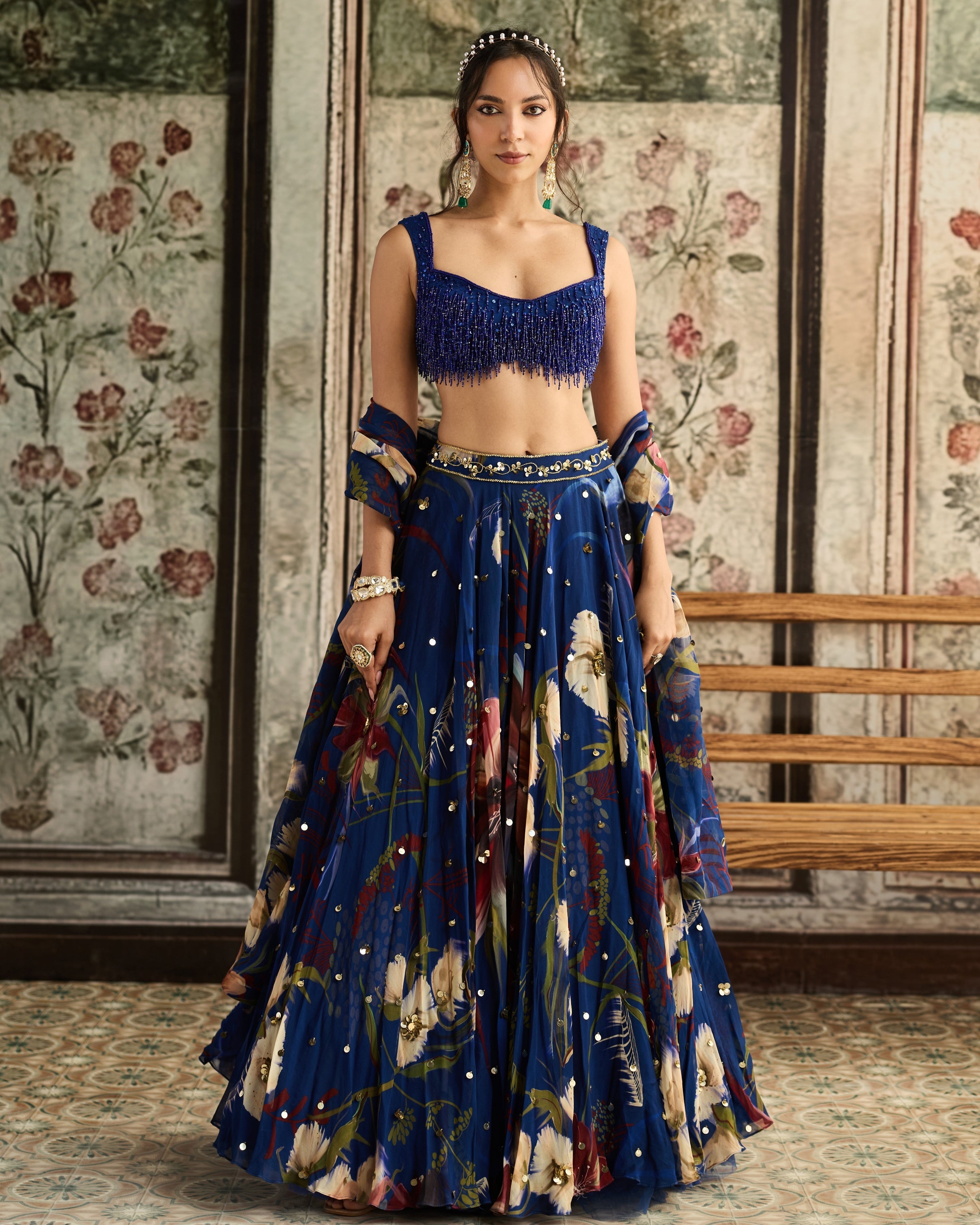 Blue Floral Printed Lehenga Set By KYNAH, Luxury Indian Fashion & Bridal Wear