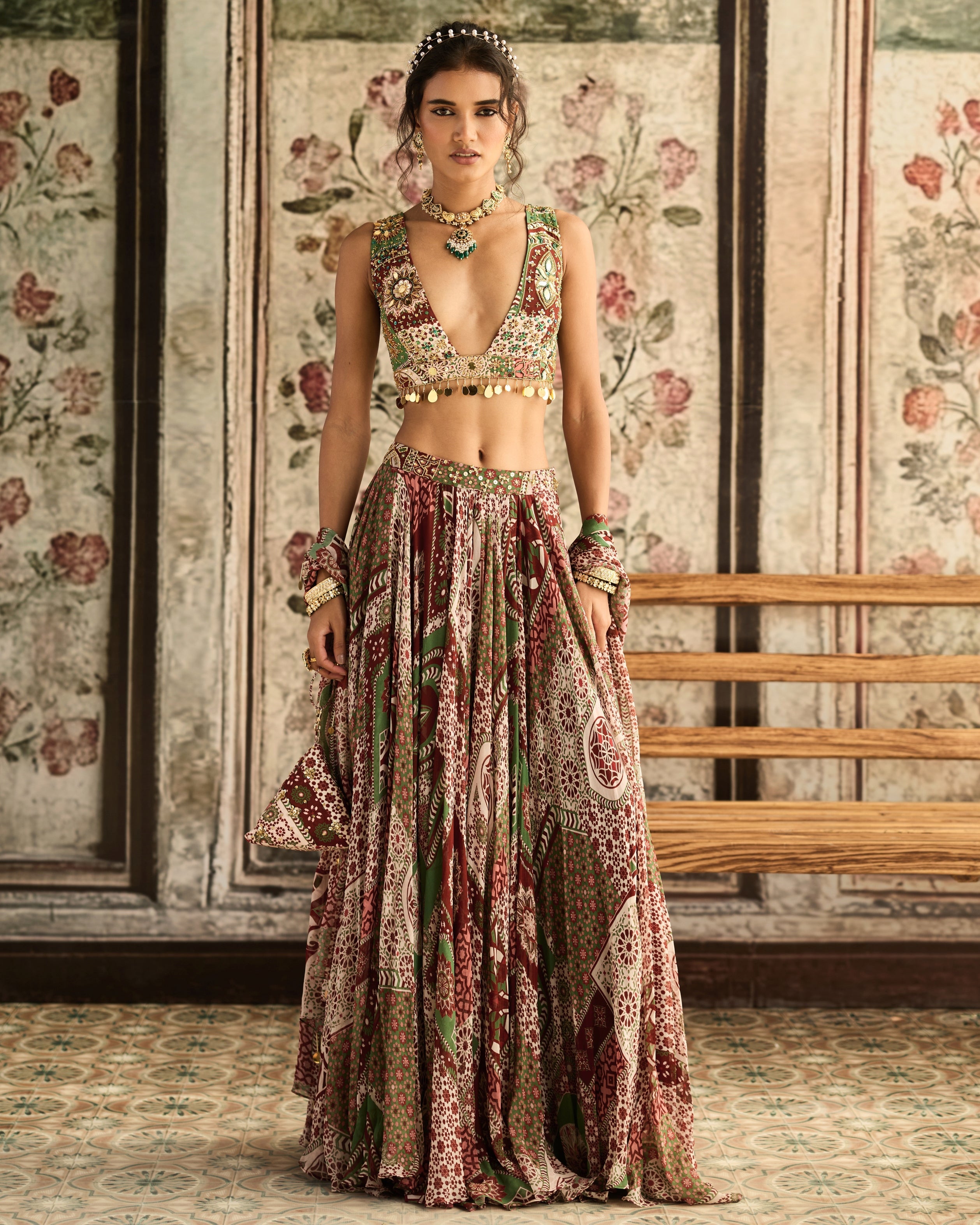 Sage-Maroon Printed Lehenga Set By KYNAH, Luxury Indian Fashion & Bridal Wear