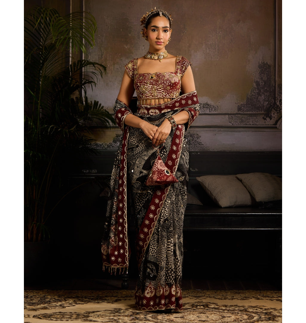 Crimson Eclipse Sari Set By KYNAH, Luxury Indian Fashion & Bridal Wear